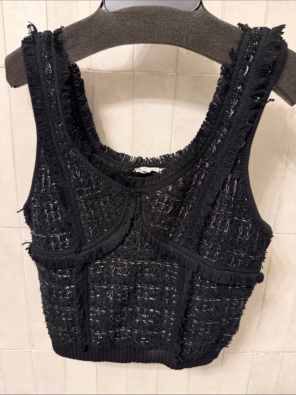 Black Fringed Tweed Jacket and Tank Top